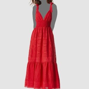 Alice + Olivia Women's Red Linen Eyelet Smocked Levine Sundress Size 6